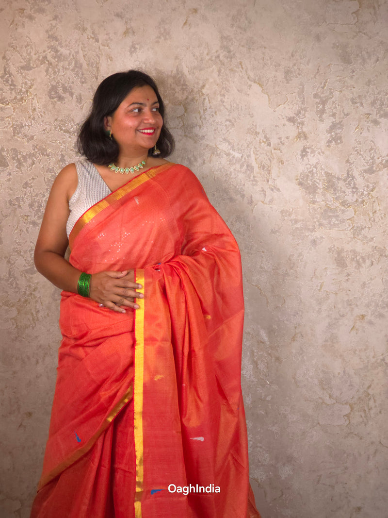 Narangi Narayani |  Handloom Cotton Saree with Muniya Zari & Tissue Pallu