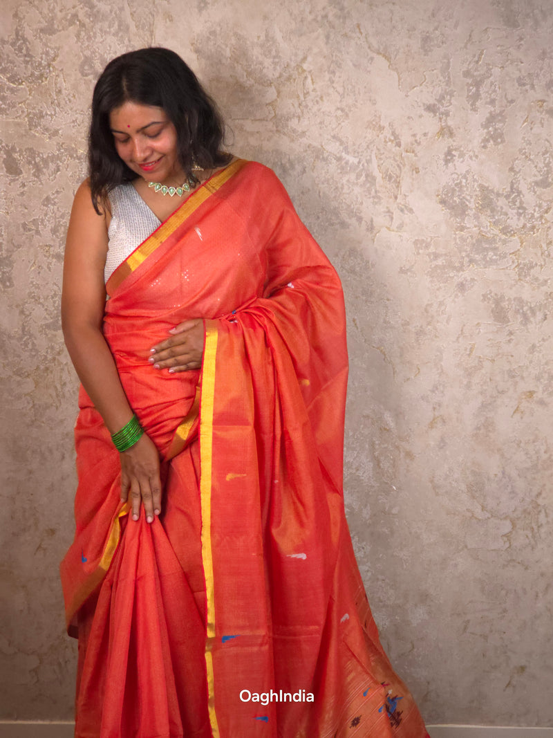 Narangi Narayani |  Handloom Cotton Saree with Muniya Zari & Tissue Pallu