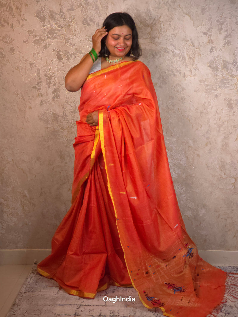 Narangi Narayani |  Handloom Cotton Saree with Muniya Zari & Tissue Pallu
