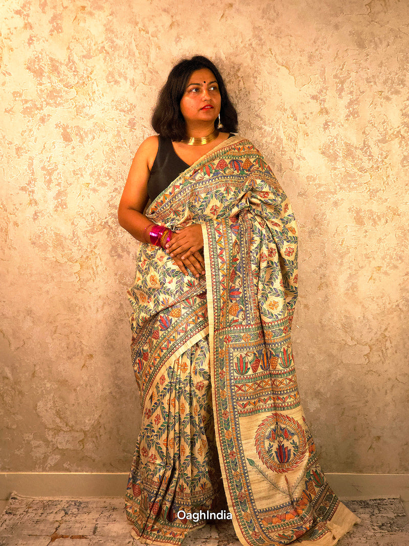 Lakshmi : Pure Silk Hand Painted Madhubani Art Saree (Silk Mark)