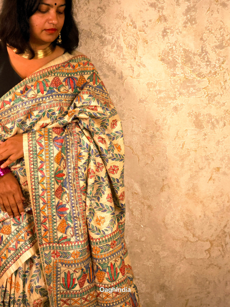 Lakshmi : Pure Silk Hand Painted Madhubani Art Saree (Silk Mark)