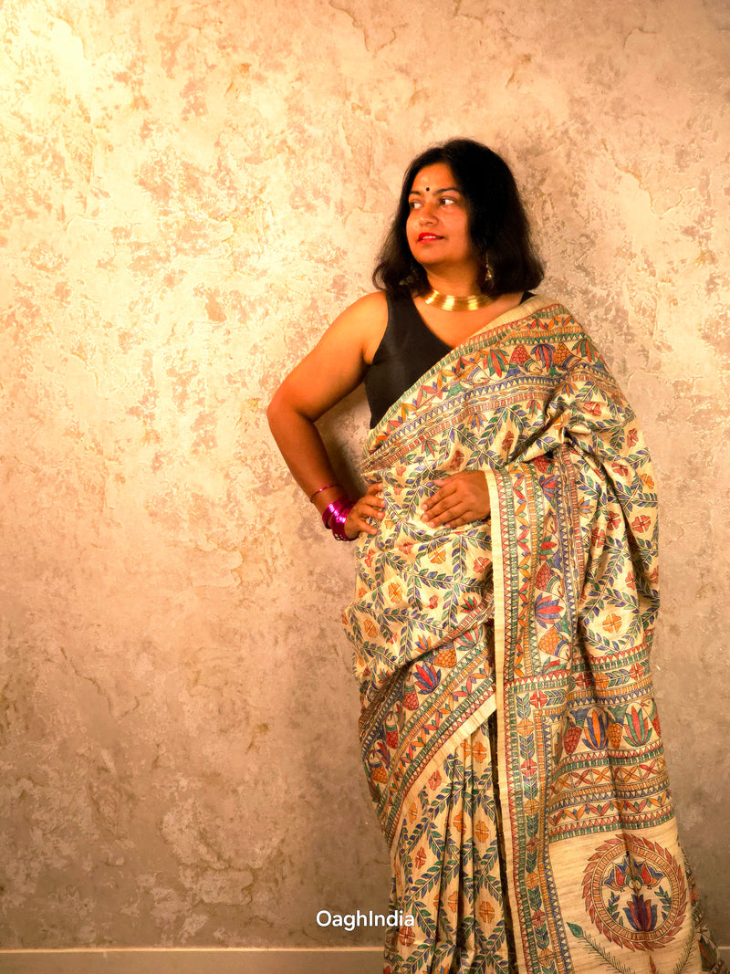 Lakshmi : Pure Silk Hand Painted Madhubani Art Saree (Silk Mark)
