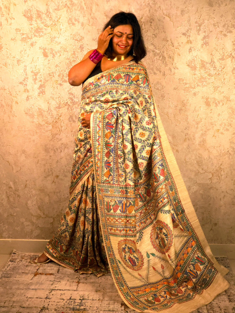 Lakshmi : Pure Silk Hand Painted Madhubani Art Saree (Silk Mark)