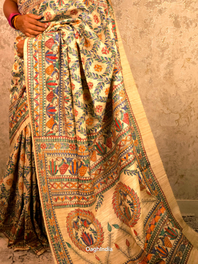 Lakshmi : Pure Silk Hand Painted Madhubani Art Saree (Silk Mark)