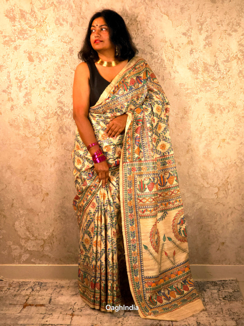 Lakshmi : Pure Silk Hand Painted Madhubani Art Saree (Silk Mark)