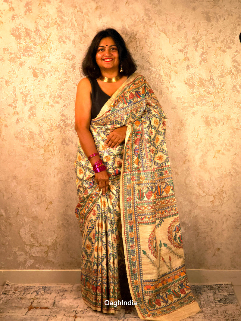 Lakshmi : Pure Silk Hand Painted Madhubani Art Saree (Silk Mark)
