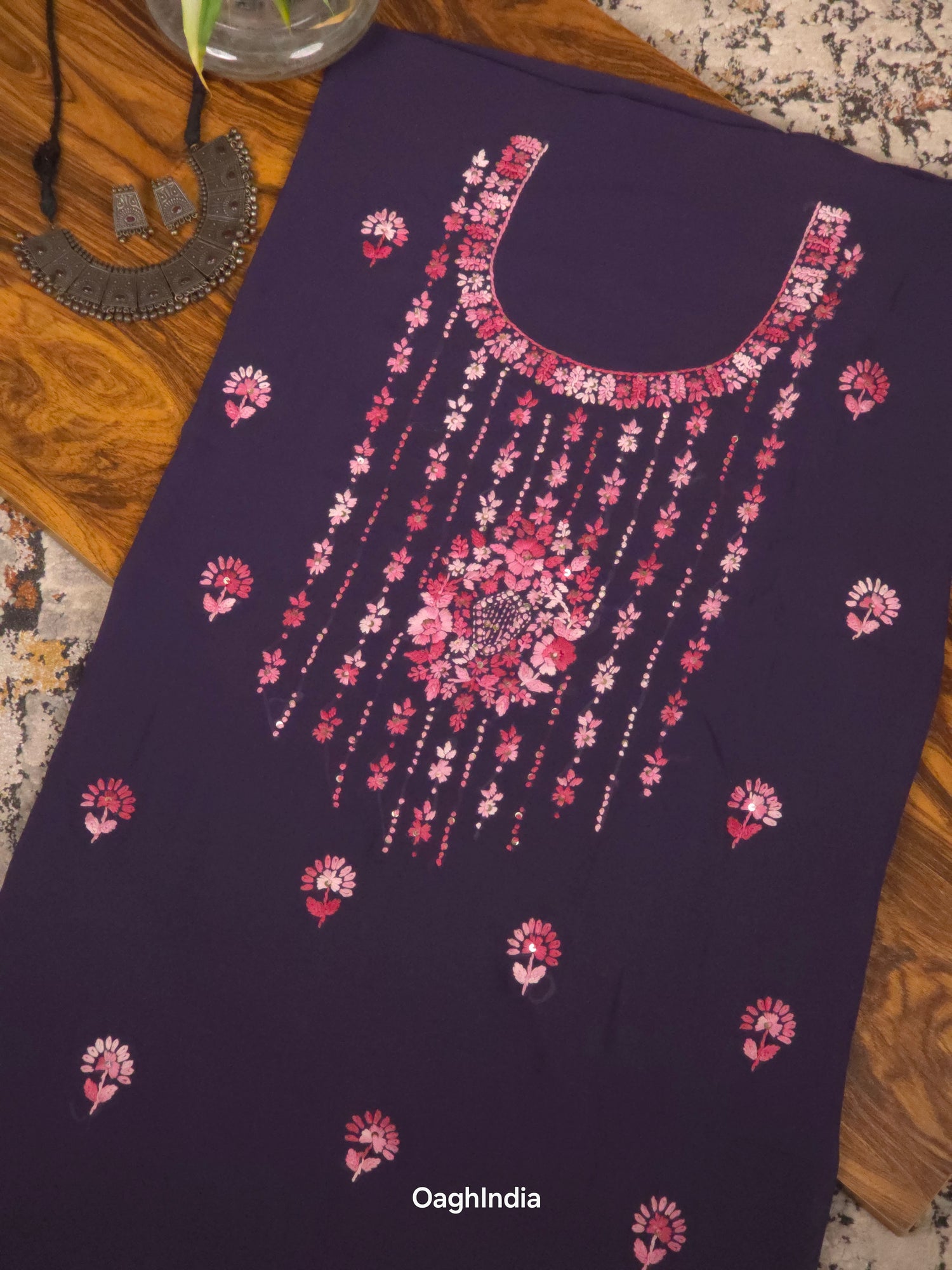 Night Sky – Hand Embroidered Chiffon Kurti Fabric (Floral, 2.5 m) | Unstitched Kurti Fabric