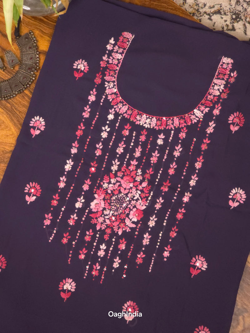 Night Sky – Hand Embroidered Chiffon Kurti Fabric (Floral, 2.5 m) | Unstitched Kurti Fabric