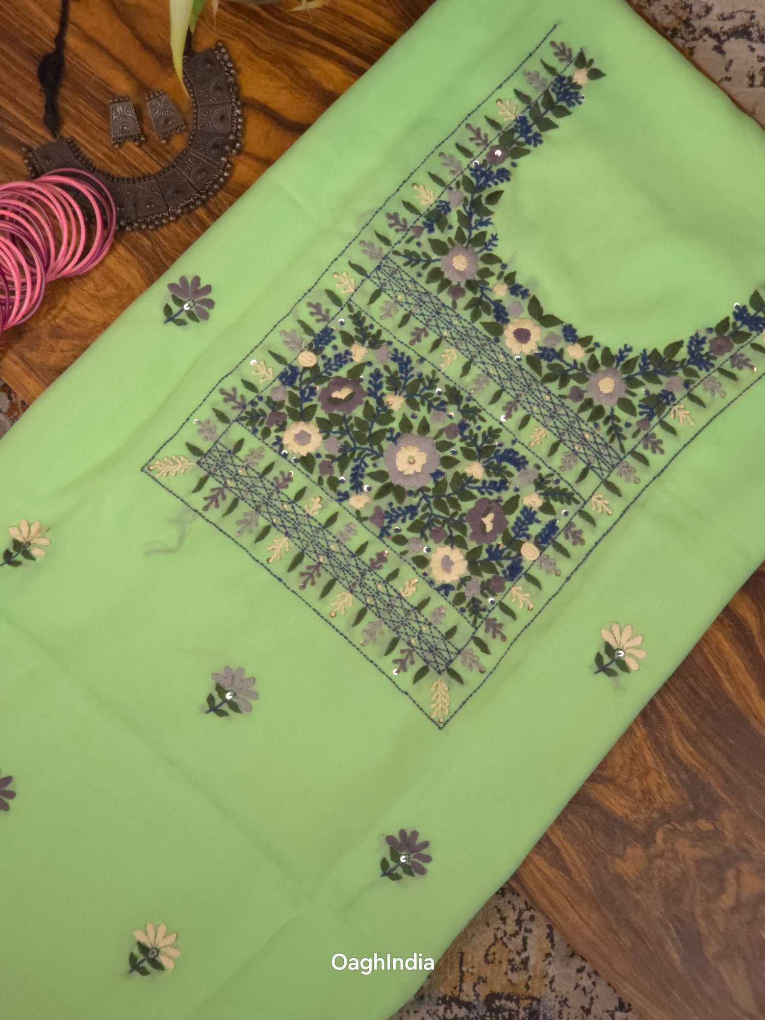 Moringa  – Hand Embroidered Chiffon Kurti Fabric (Floral, 2.5 m) | Unstitched Kurti Fabric