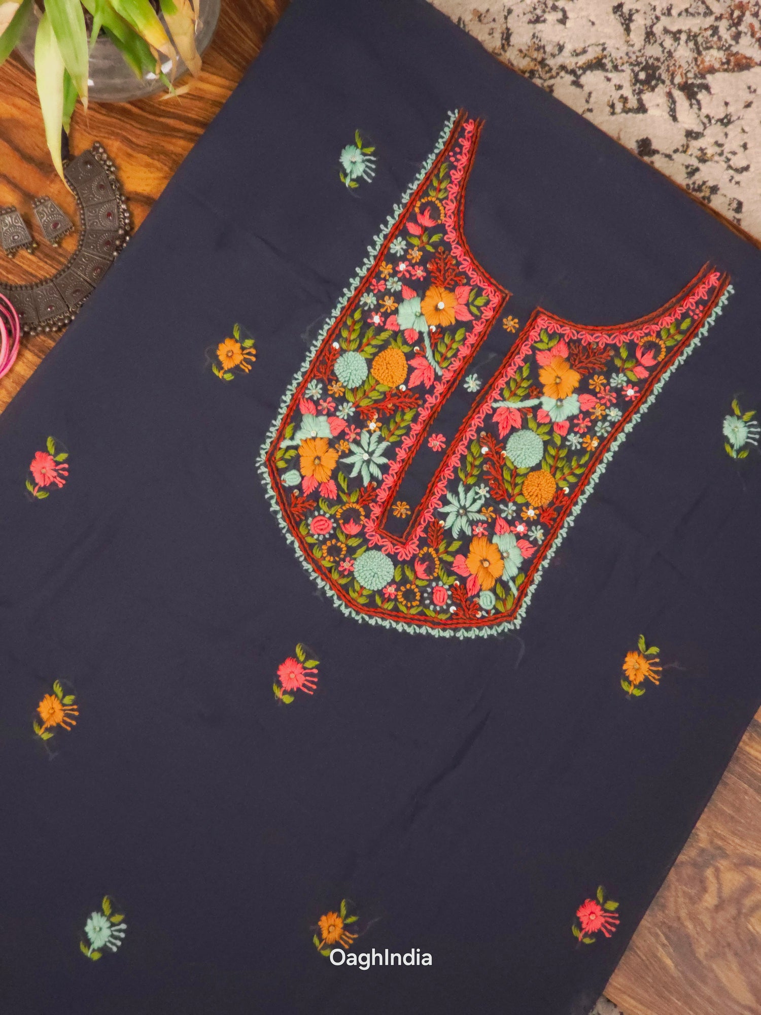 Blue Berry  – Hand Embroidered Chiffon Kurti Fabric (Floral, 2.5 m) | Unstitched Kurti Fabric