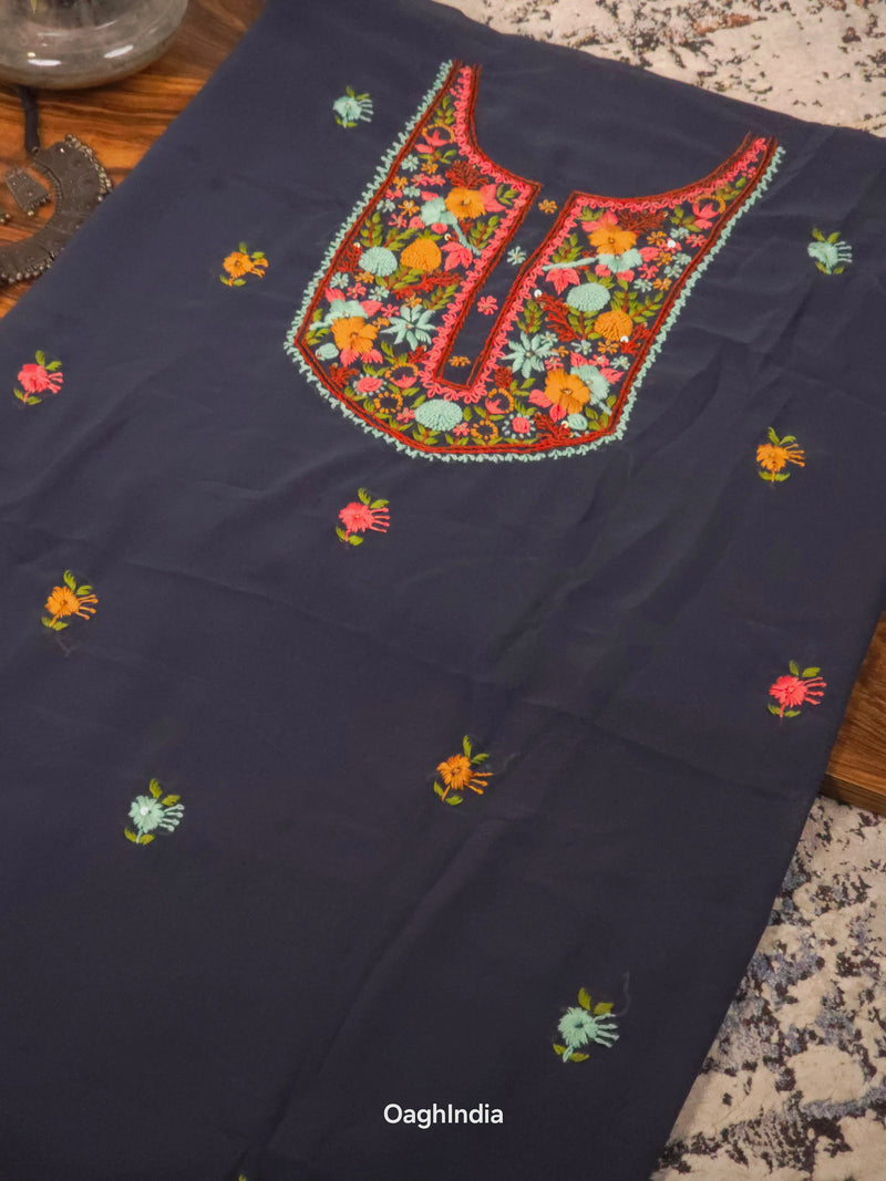 Blue Berry  – Hand Embroidered Chiffon Kurti Fabric (Floral, 2.5 m) | Unstitched Kurti Fabric