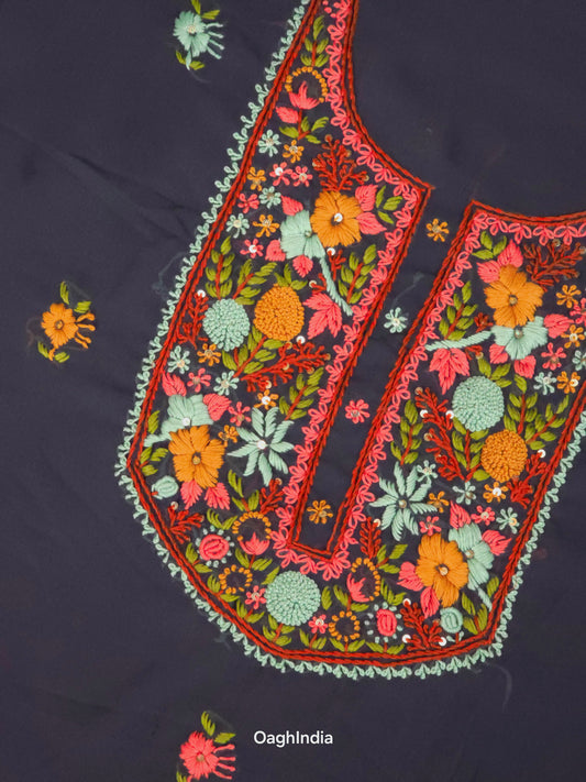 Blue Berry  – Hand Embroidered Chiffon Kurti Fabric (Floral, 2.5 m) | Unstitched Kurti Fabric