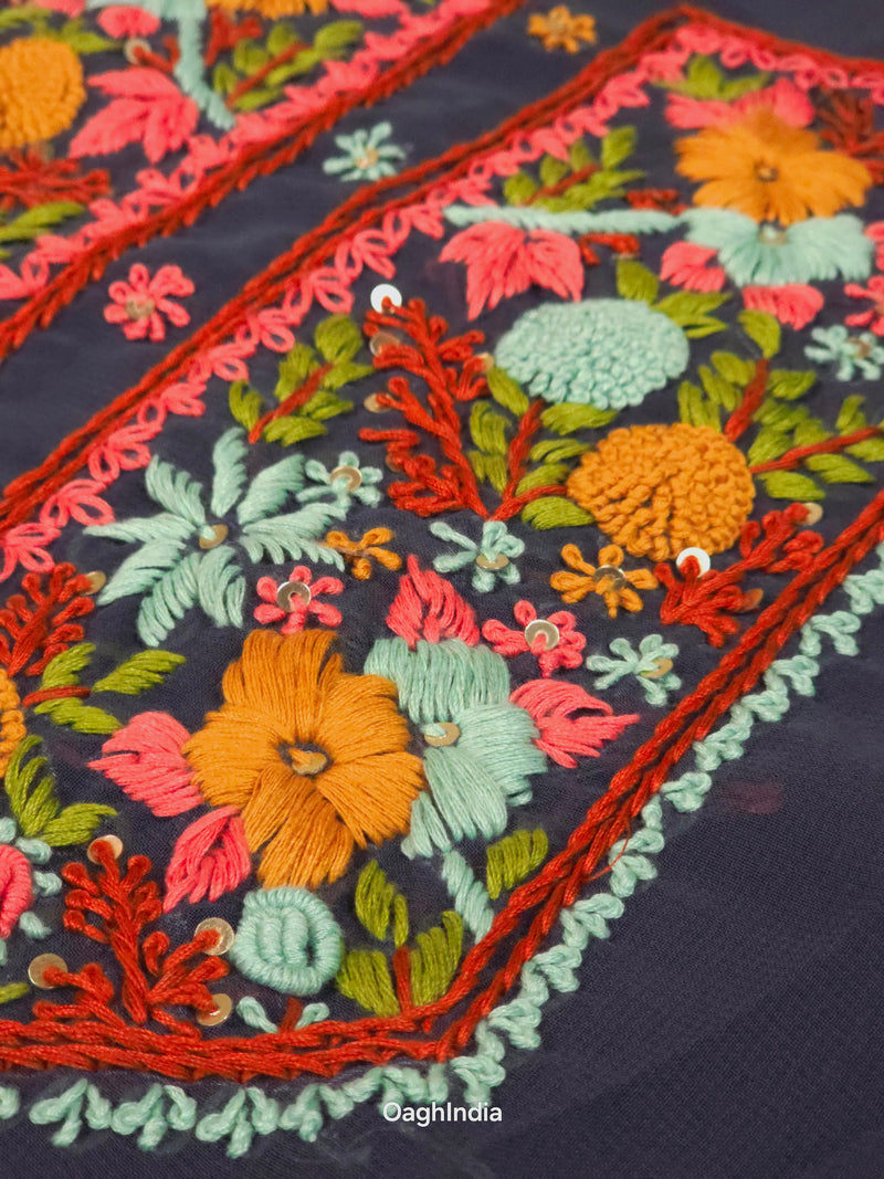 Blue Berry  – Hand Embroidered Chiffon Kurti Fabric (Floral, 2.5 m) | Unstitched Kurti Fabric