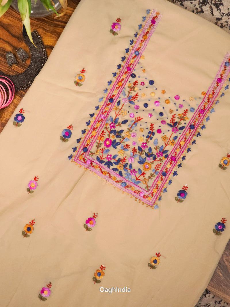 Butter Scotch  – Hand Embroidered Chiffon Kurti Fabric (Floral, 2.5 m) | Unstitched Kurti Fabric