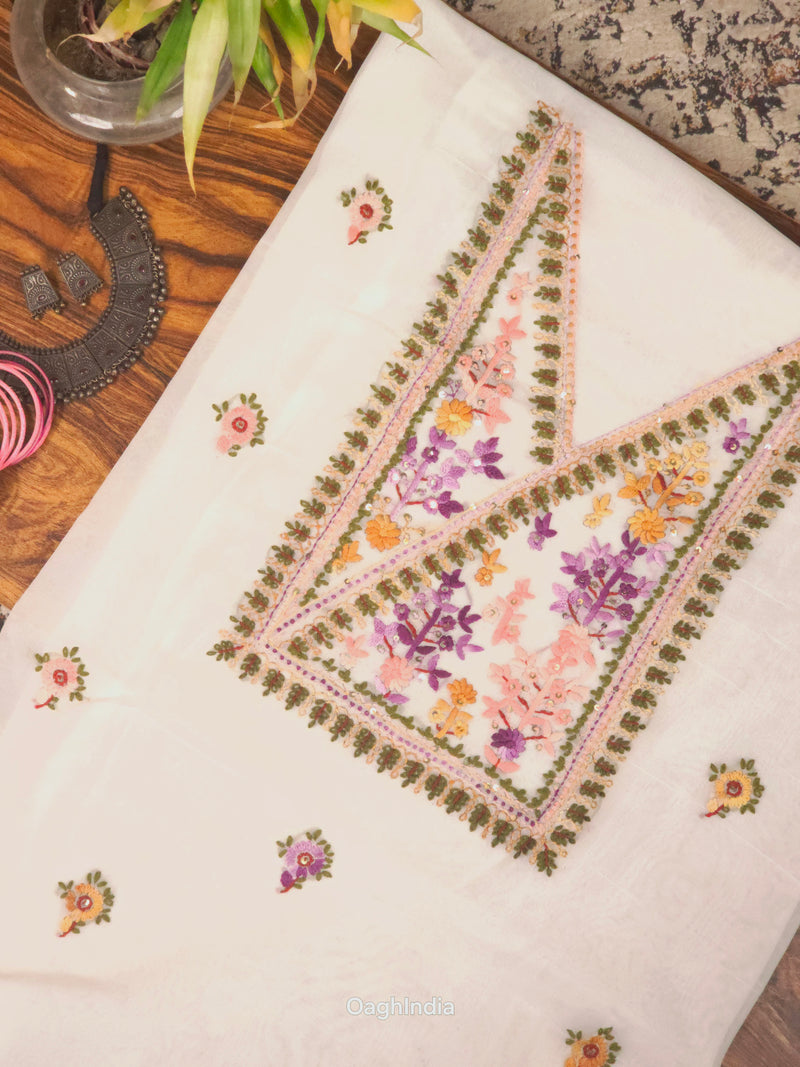 White Blossom – Hand Embroidered Chiffon Kurti Fabric (Floral, 2.5 m) | Unstitched Kurti Fabric