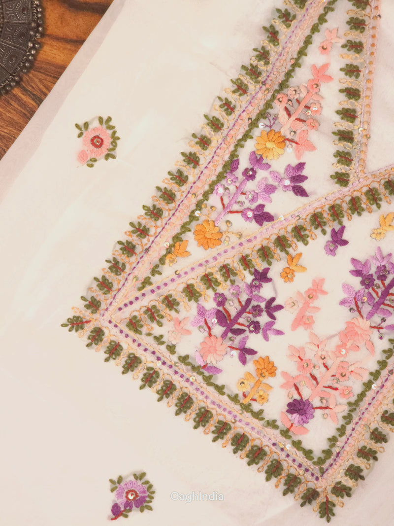 White Blossom – Hand Embroidered Chiffon Kurti Fabric (Floral, 2.5 m) | Unstitched Kurti Fabric