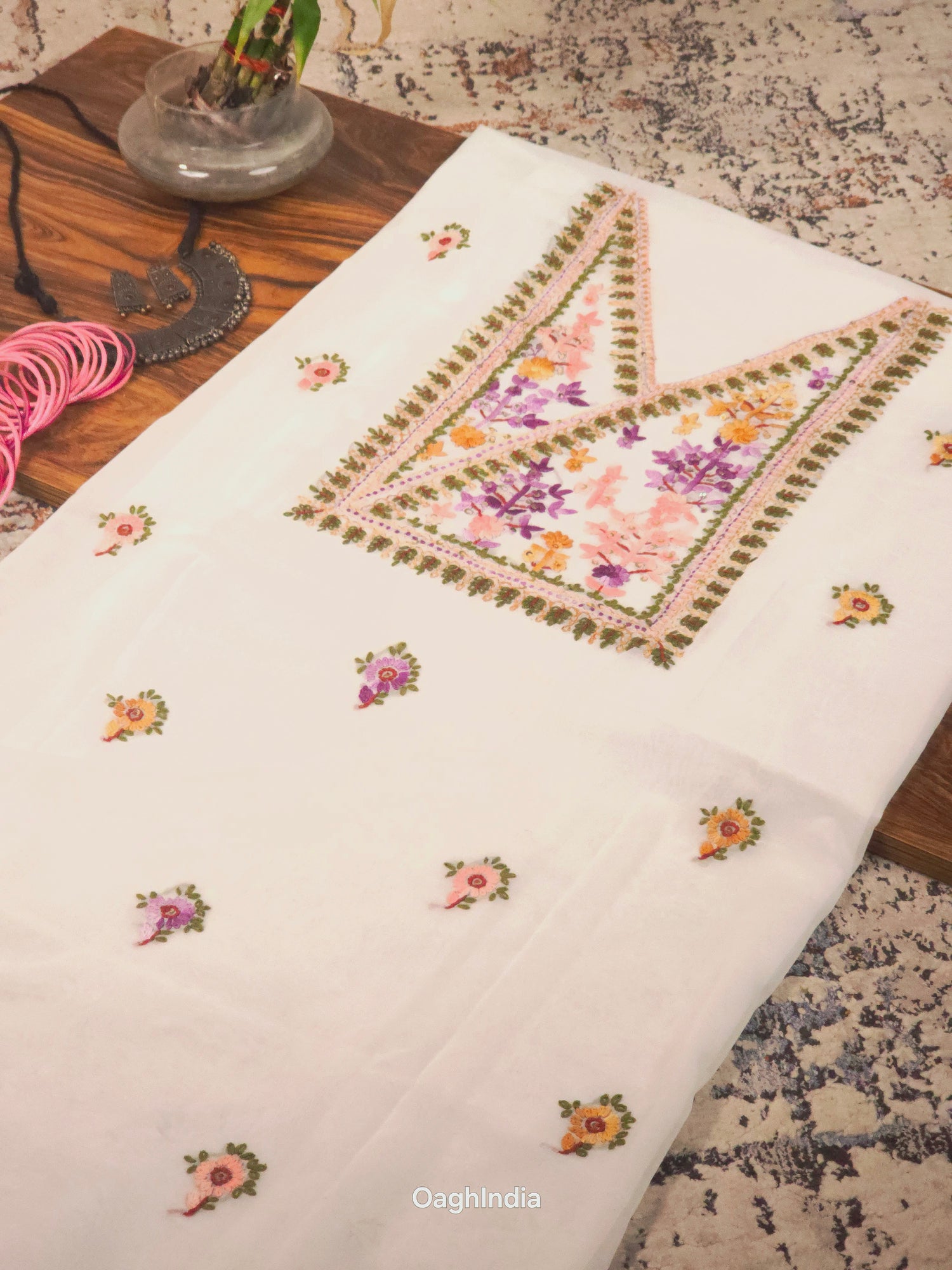White Blossom – Hand Embroidered Chiffon Kurti Fabric (Floral, 2.5 m) | Unstitched Kurti Fabric