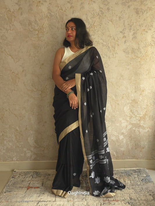 Bulbul – Pure Cotton Pitch Black Saree