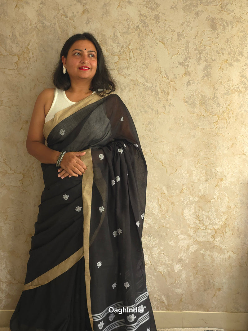 Bulbul – Pure Cotton Pitch Black Saree