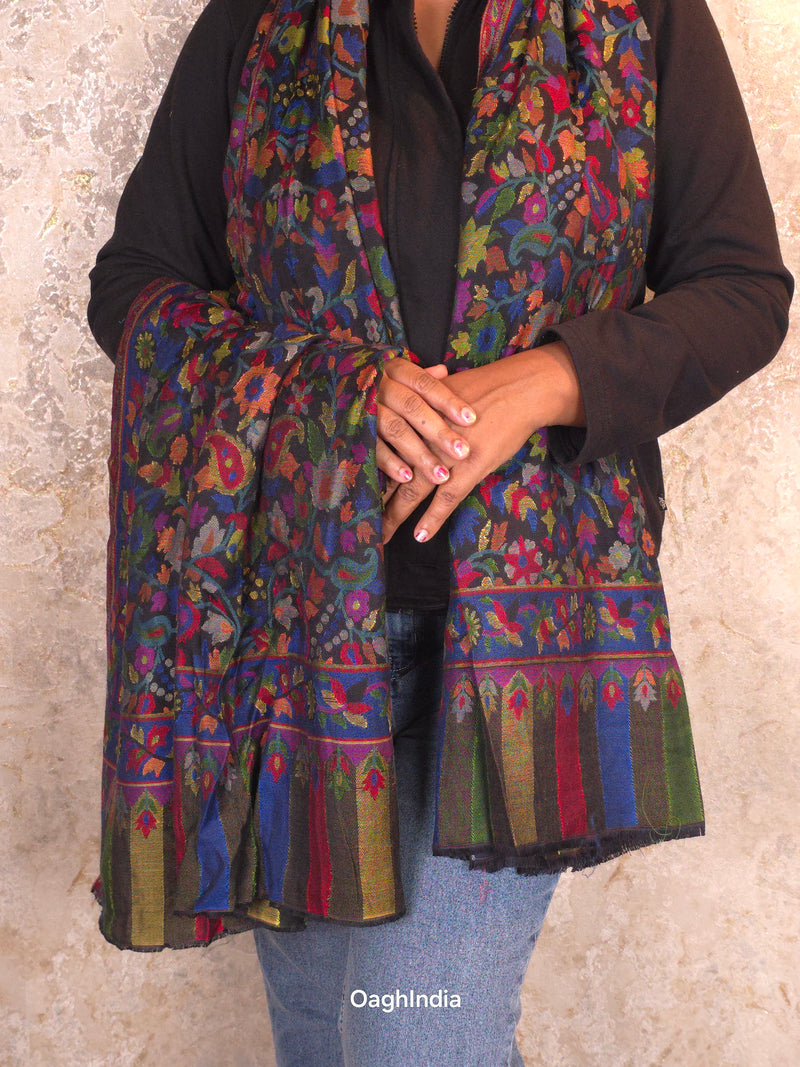 Oagh Women's Jamawar Shawl, Faux Pashmina, Dark Night