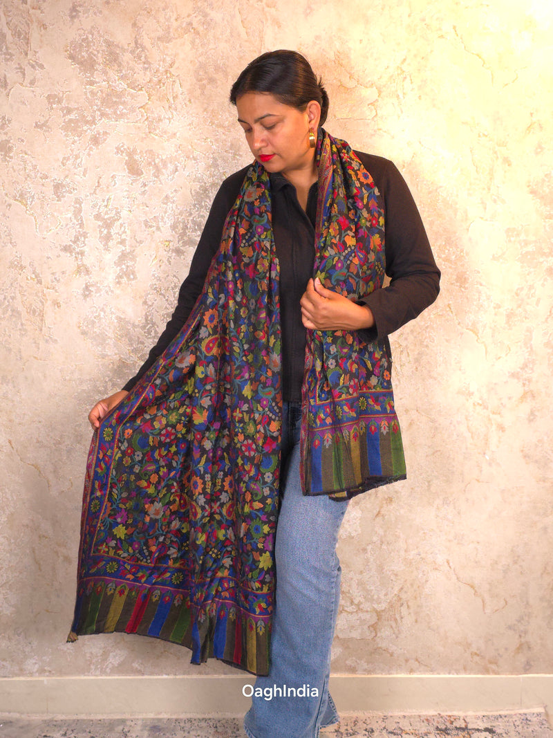 Oagh Women's Jamawar Shawl, Faux Pashmina, Dark Night