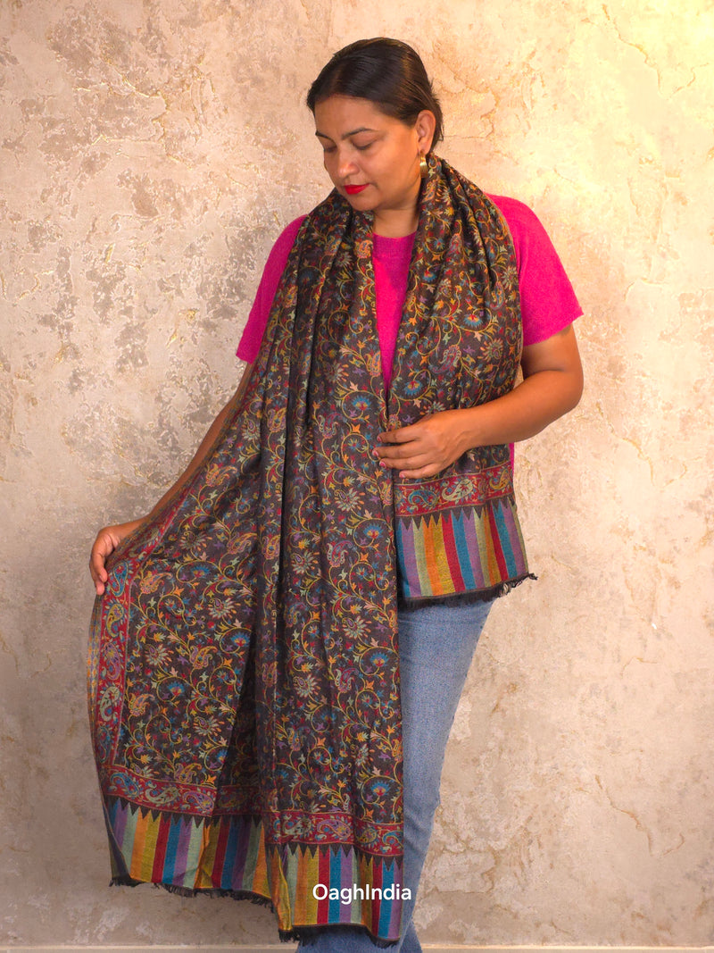 Oagh Women's Jamawar Shawl, Faux Pashmina, Midnight Black