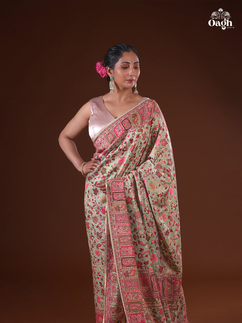 Parijat (Pistachio & Pink): Authentic Kashmiri Saree