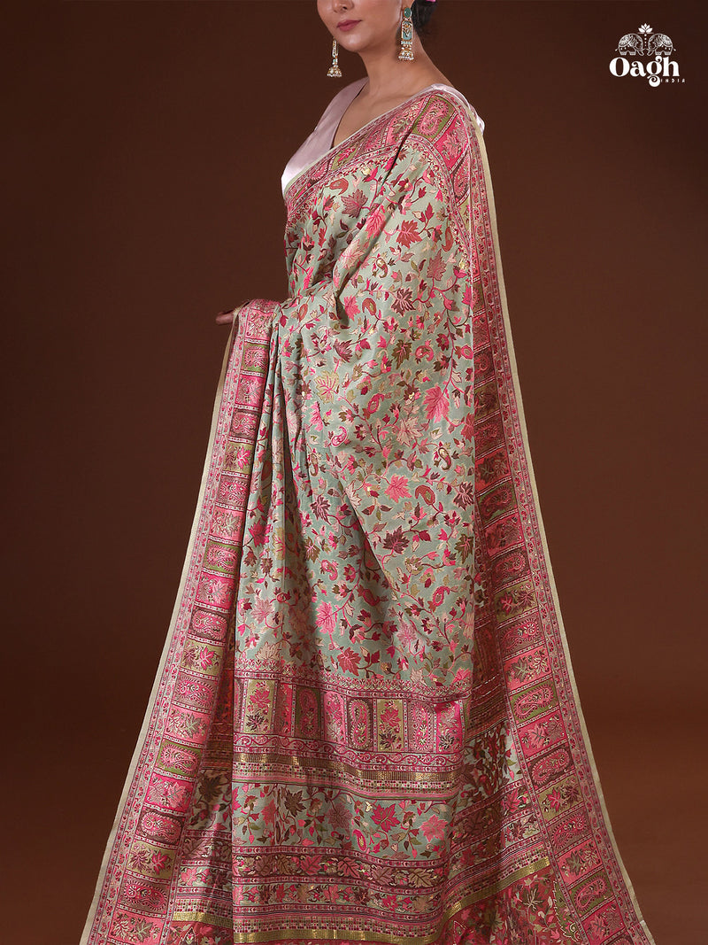 Parijat (Pistachio & Pink): Authentic Kashmiri Saree