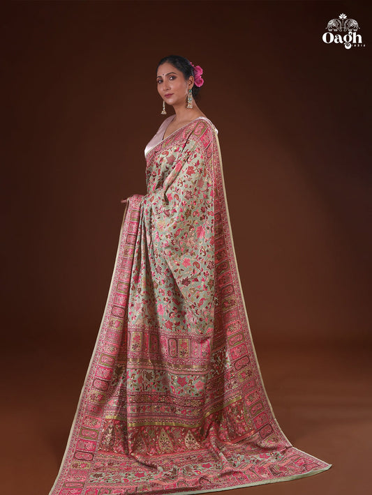 Parijat (Pistachio & Pink): Authentic Kashmiri Saree