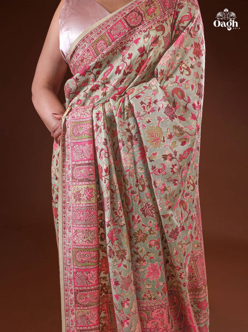 Parijat (Pistachio & Pink): Authentic Kashmiri Saree
