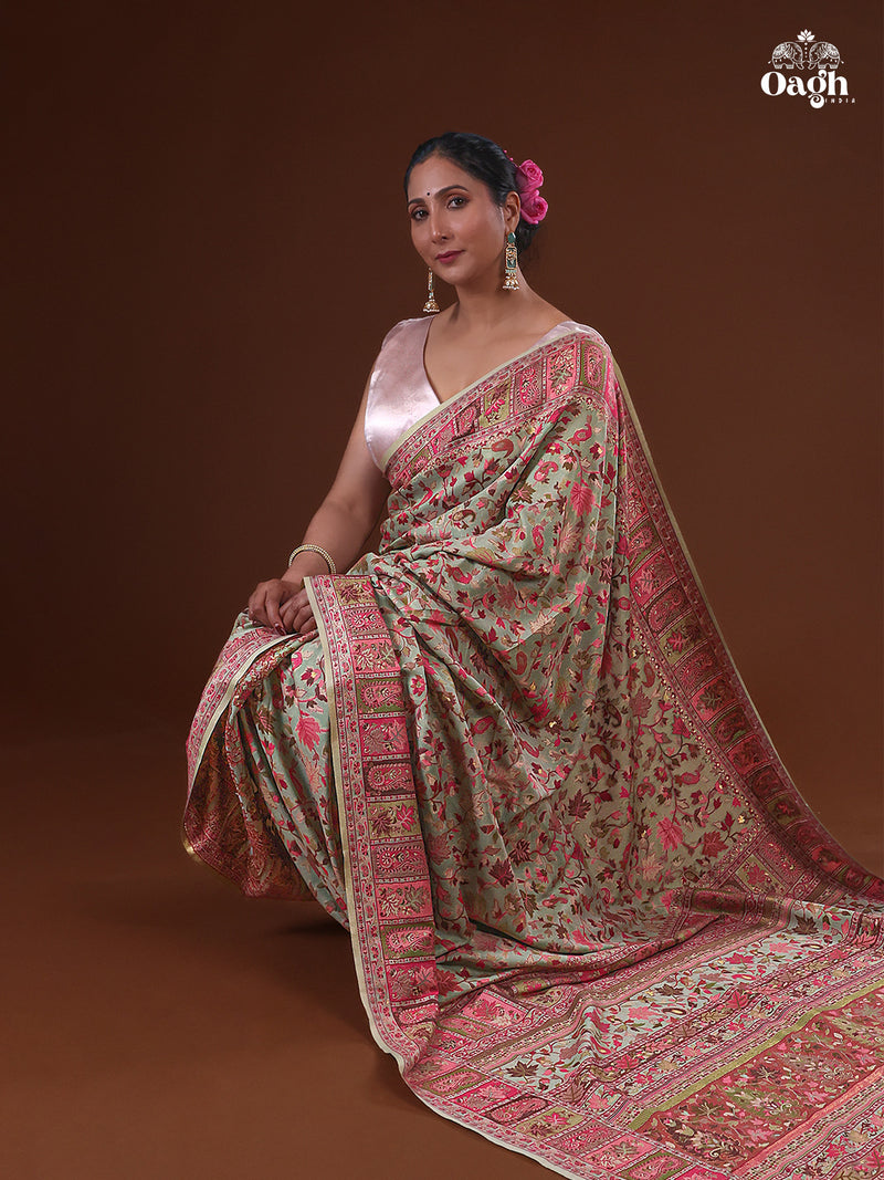 Parijat (Pistachio & Pink): Authentic Kashmiri Saree