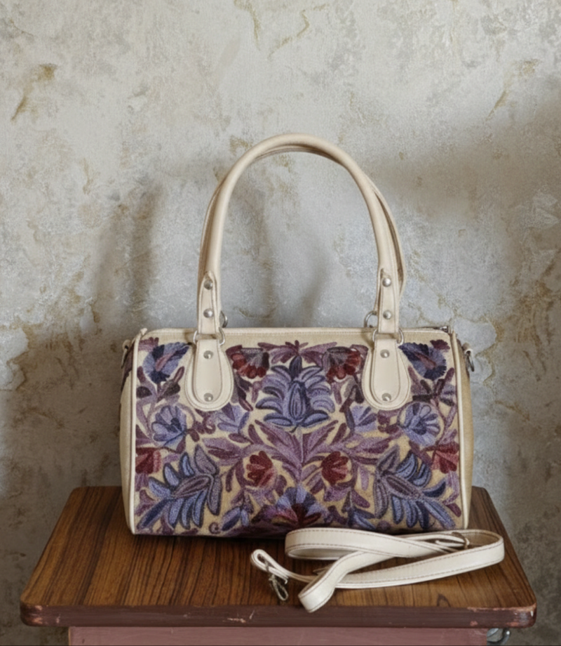 Kashmiri Duffel Bag – Off-white | Velvet Floral Duffel Bag for Women