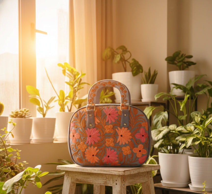 The Malé Travel Bag - Grey | Embroidered Velvet Floral Travel Bag