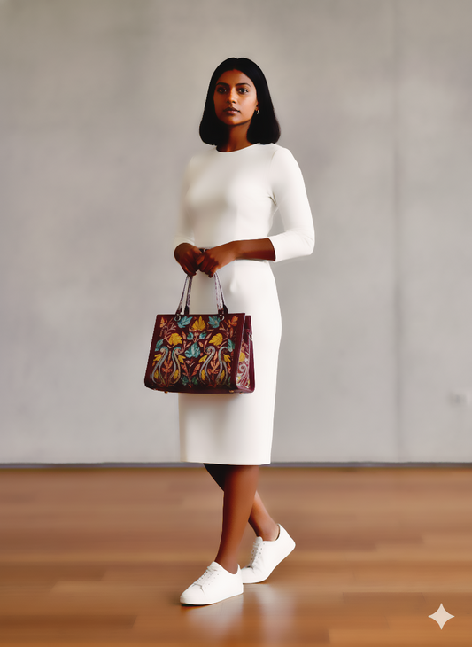 Kashmiri Tote Bag – Dark Maroon | Velvet Floral Embroidered Tote for Women