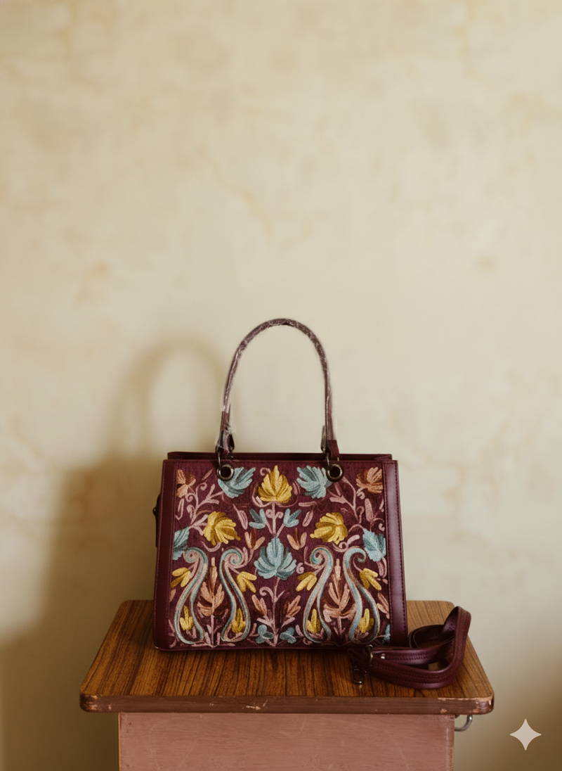 Kashmiri Tote Bag – Dark Maroon | Velvet Floral Embroidered Tote for Women