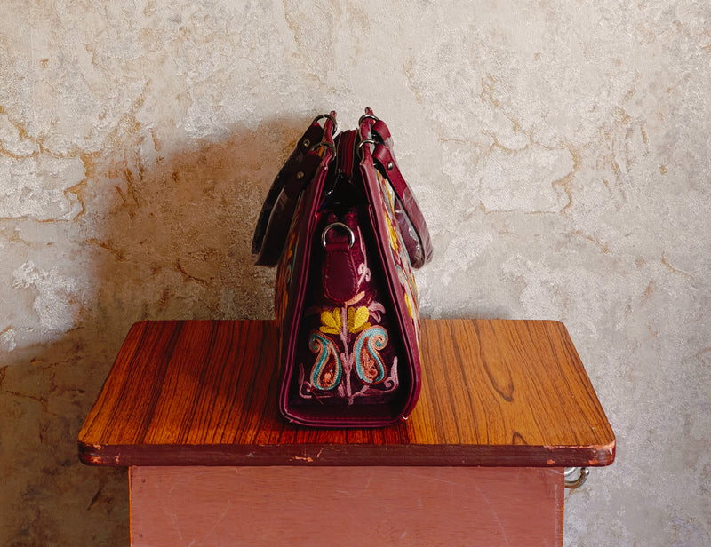 Kashmiri Tote Bag – Dark Maroon | Velvet Floral Embroidered Tote for Women