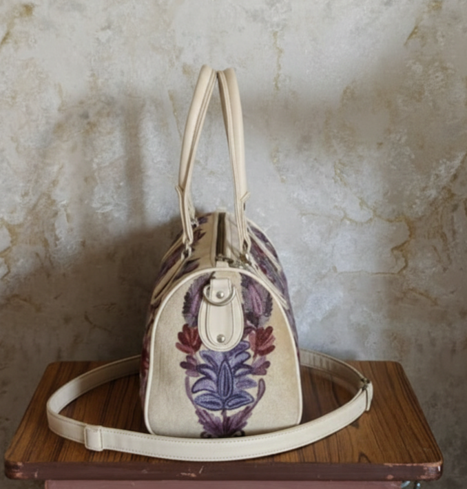 Kashmiri Duffel Bag – Off-white | Velvet Floral Duffel Bag for Women