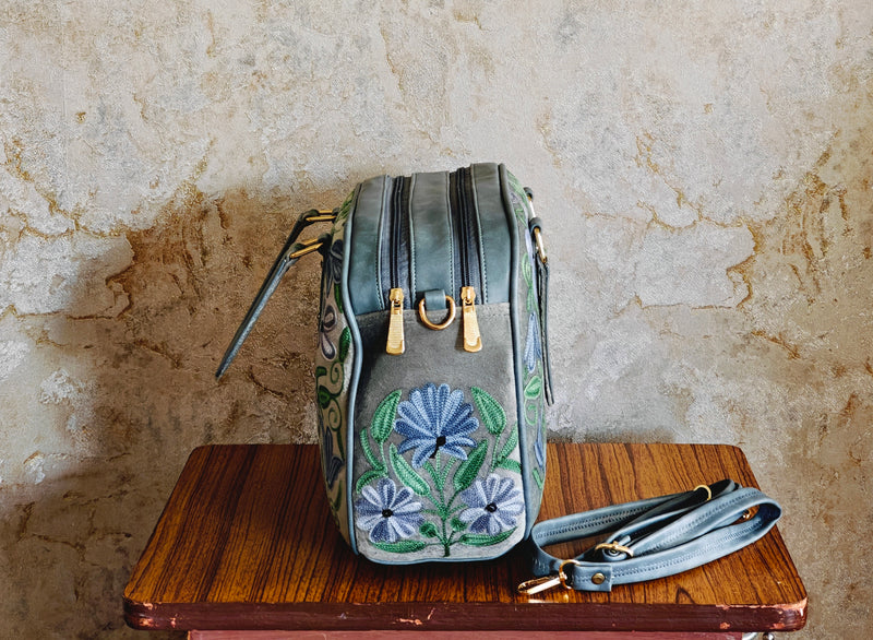 The Malé Travel Bag - Slate Grey | Embroidered Velvet Floral Travel Bag