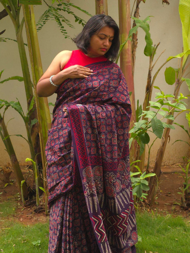 Ajrakh Noor : Bagru Handblocked Pure Cotton Saree