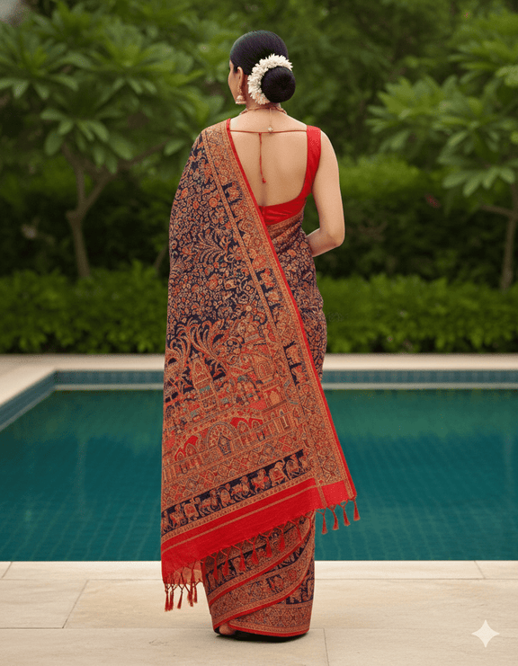 Baarat : Ink Blue : Authentic Kashmiri Saree - Oagh India