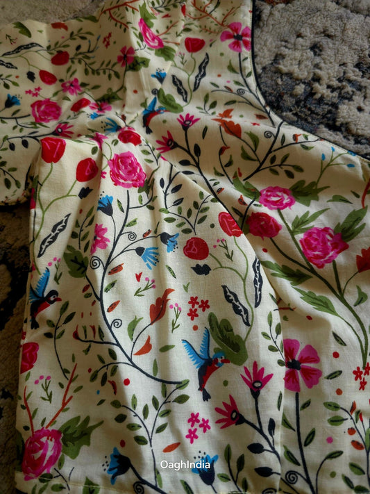 Beige Base Floral Printed Cotton Blouse Piece