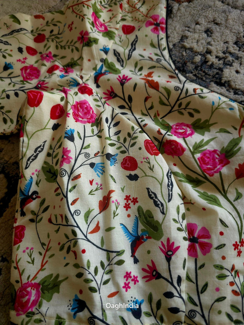 Beige Base Floral Printed Cotton Blouse Piece