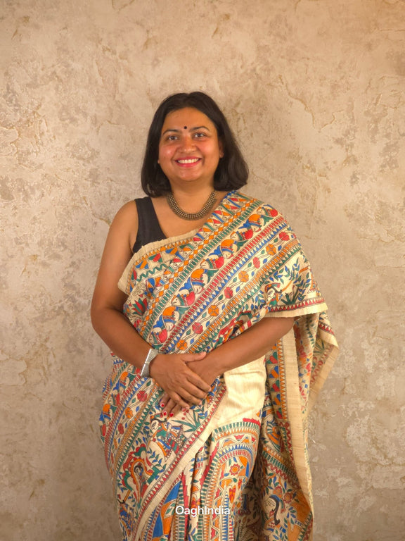 Bhoomija : Pure Silk Hand Painted Madhubani Art Saree (Silk Mark) - Oagh India