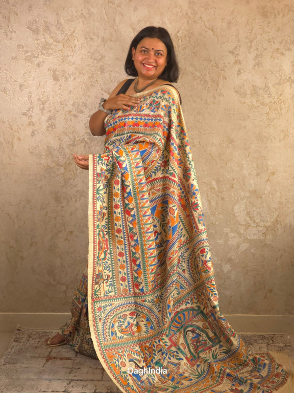 Bhoomija : Pure Silk Hand Painted Madhubani Art Saree (Silk Mark) - Oagh India