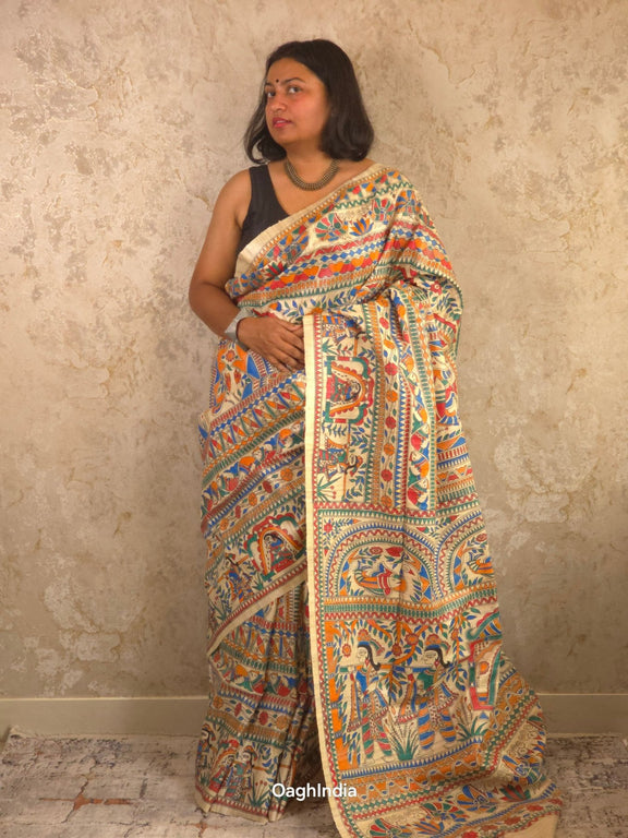 Bhoomija : Pure Silk Hand Painted Madhubani Art Saree (Silk Mark) - Oagh India