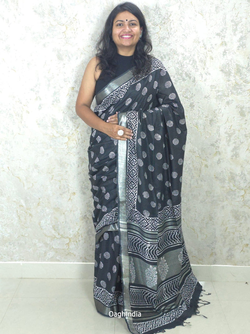 Black Pearl  : Bagru Handblocked Linen Cotton Saree