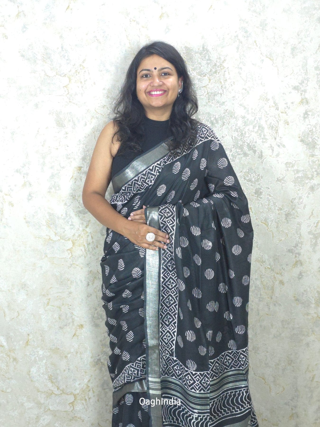 Black Pearl  : Bagru Handblocked Linen Cotton Saree
