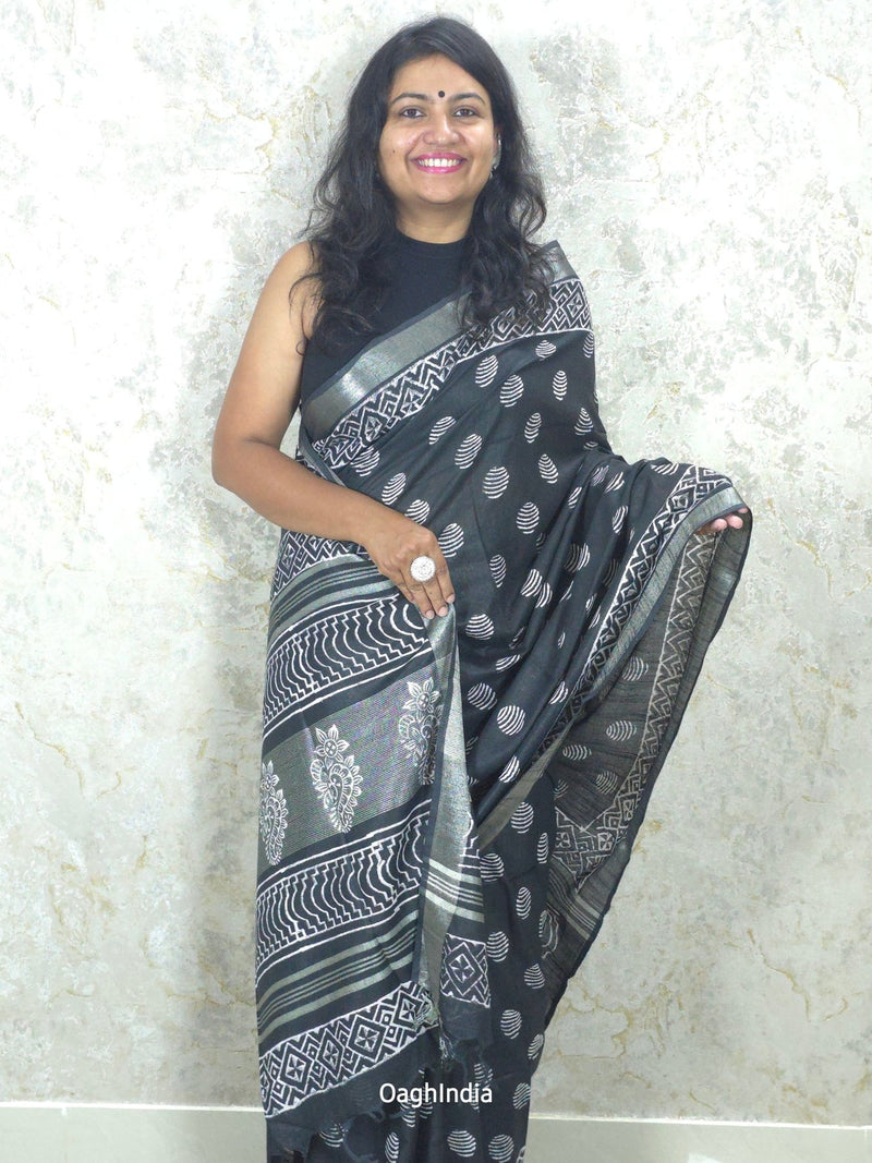 Black Pearl  : Bagru Handblocked Linen Cotton Saree
