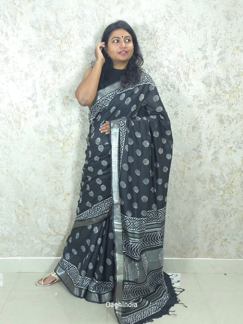 Black Pearl  : Bagru Handblocked Linen Cotton Saree