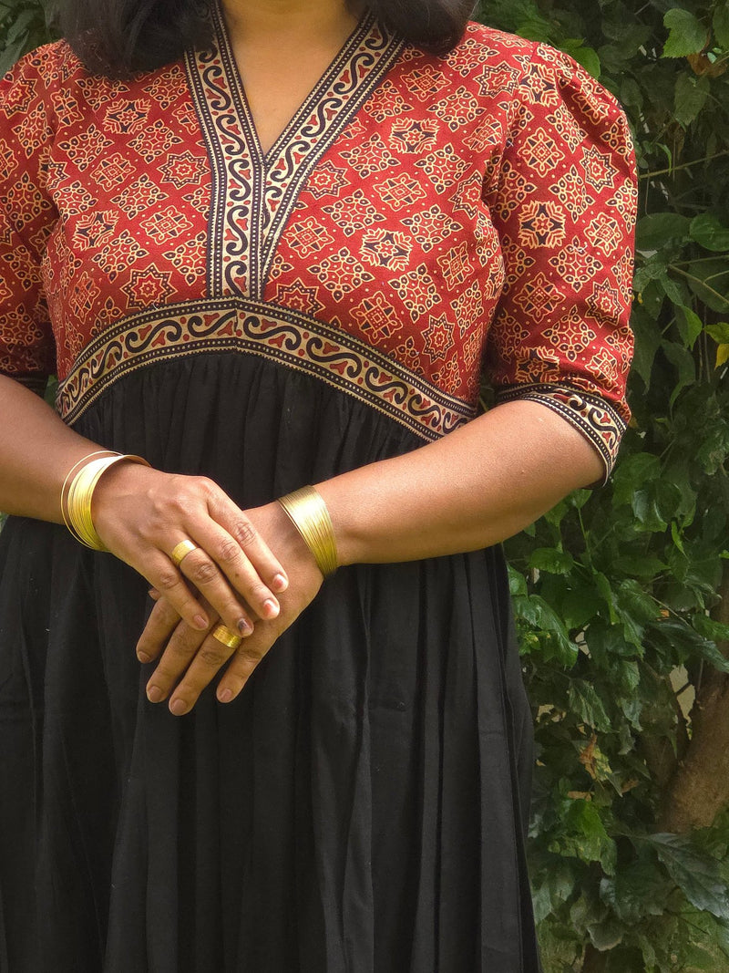 Black & Red V - Neck Alia Cut Dress with Handblock Floral Yoke - Oagh India
